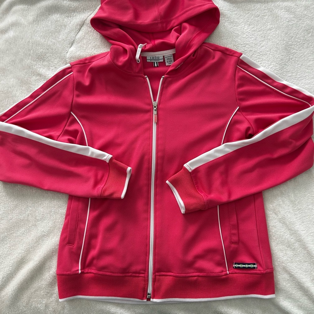 Izod Pink and White Athletic Jacket with Hood and Full-Length Zipper